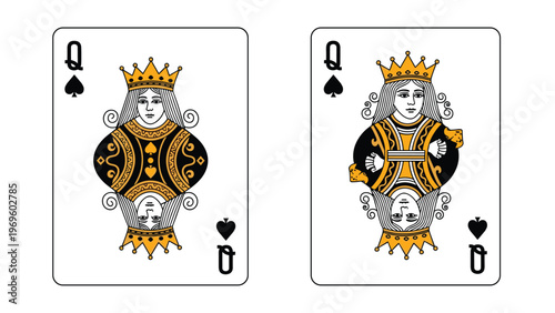 Pair of Queen of Spades playing cards displayed side-by-side featuring the classic royal figure with a crown and traditional black and gold attire.