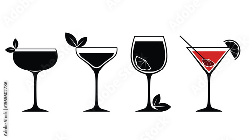 Elegant set of four cocktail glass silhouettes in black and red, showcasing different glass shapes and garnishes for a bar or lounge menu.