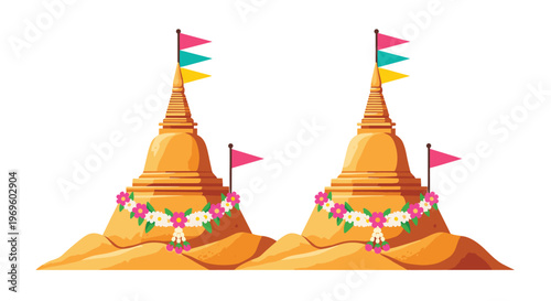 Two traditional Thai sand pagodas or stupas decorated with colorful flags and flower garlands for Songkran festival celebration events.