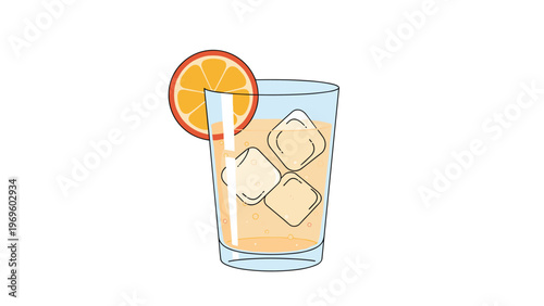Refreshing glass of cold orange-colored drink filled with ice cubes and garnished with a fresh orange slice on a plain white background.