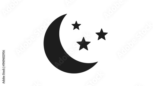 Clean black silhouette of a crescent moon and three stars against a white background representing night, sleep, or a celestial theme.