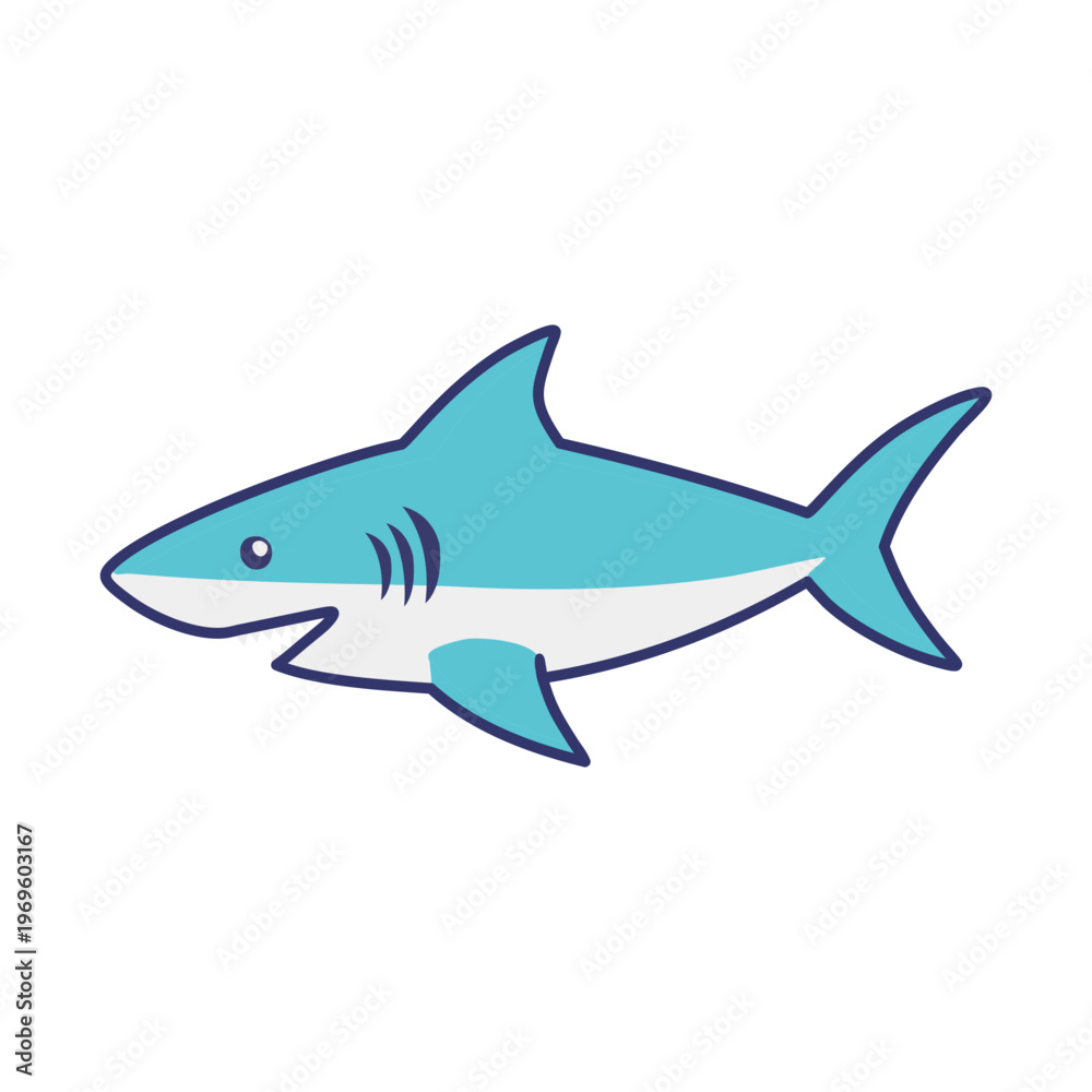 Fototapeta premium A cartoon illustration of a blue shark with white accents, depicted in a side profile against a white background