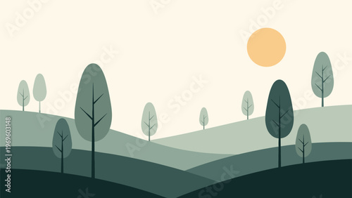 Calm and serene landscape illustration of green rolling hills and stylized trees under a large warm sun in a minimalist flat design.