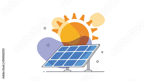 Modern renewable energy illustration featuring a solar panel under a bright yellow sun with colorful abstract background shapes.