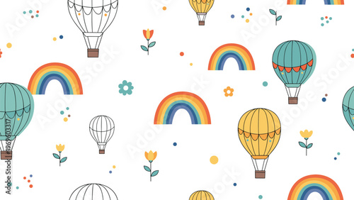 Seamless pattern with hot air balloons, rainbows, flowers, and dots on white background for nursery room decoration and kids textile prints.