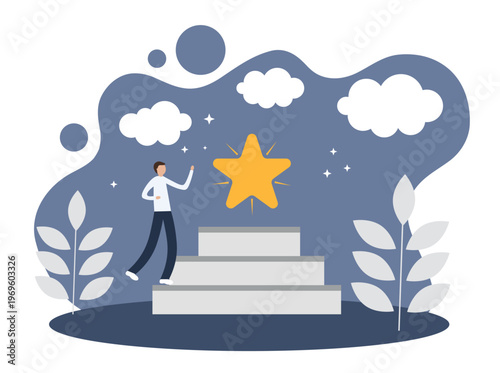 The concept of goal achievement, desire fulfillment and success. A man, steps and a star