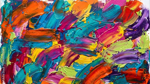 Abstract colorful background with visible brush strokes, vibrant acrylic paint texture, rough edges, layered colors, hand-painted effect, Photoshop brush style, high detail, artistic composition