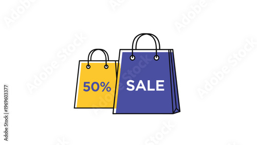 Pair of yellow and blue paper shopping bags with fifty percent sale text isolated on white background for retail promotion and discounts.