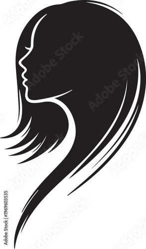 Silhouette of wavy long black hair flowing in curved motion against white background
