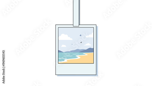 Polaroid-style photograph hanging from a string showing a peaceful beach scene with sand, ocean, and mountains in soft pastel color tones.
