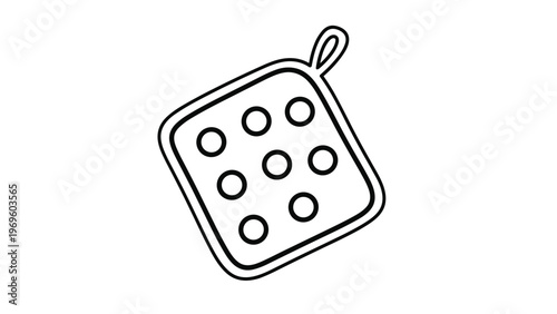 Single black outline of a square potholder with a small loop and dotted pattern isolated on white background for kitchen accessory design.