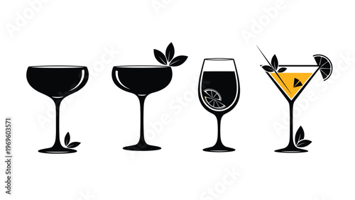 Silhouette of four different cocktail and wine glasses with various garnishes and one glass having a slice of orange for bar beverage menu.