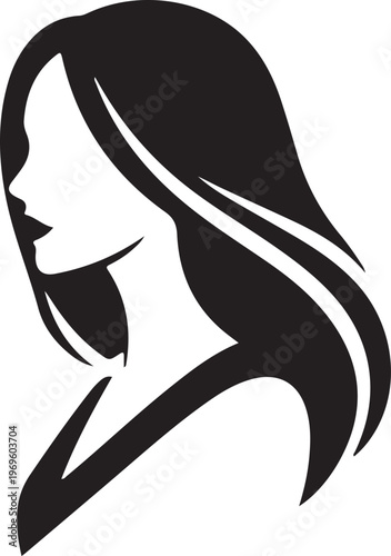 Silhouette profile of woman with long wavy hair in black and white contrast
