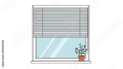 Modern window with closed white horizontal blinds and a small potted plant on the sill in a clean and simple interior design illustration art.