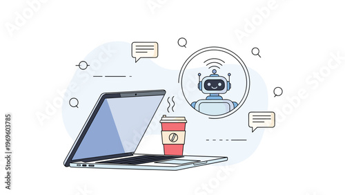 Modern laptop computer on a desk next to a coffee cup and a floating digital assistant robot for online work and technology concepts theme.