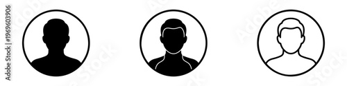 A set of minimalist user profile avatar icons featuring various male silhouettes in solid black and outline styles.