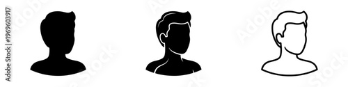 A set of minimalist user profile avatar icons featuring various male silhouettes in solid black and outline styles.