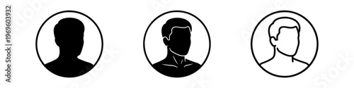 A set of minimalist user profile avatar icons featuring various male silhouettes in solid black and outline styles.
