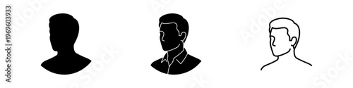 A set of minimalist user profile avatar icons featuring various male silhouettes in solid black and outline styles.