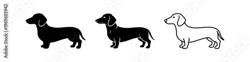 A set of minimalist dog icons featuring a dachshund silhouette in solid black, detailed black, and thin line art styles.