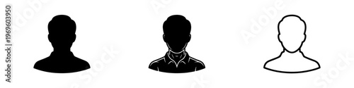 A set of minimalist user profile avatar icons featuring various male silhouettes in solid black and outline styles.