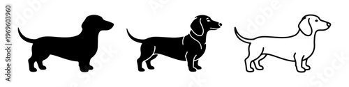 A set of minimalist dog icons featuring a dachshund silhouette in solid black, detailed black, and thin line art styles.