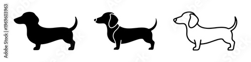 A set of minimalist dog icons featuring a dachshund silhouette in solid black, detailed black, and thin line art styles.