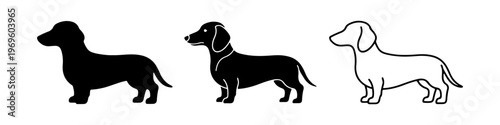 A set of minimalist dog icons featuring a dachshund silhouette in solid black, detailed black, and thin line art styles.