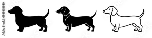 A set of minimalist dog icons featuring a dachshund silhouette in solid black, detailed black, and thin line art styles.