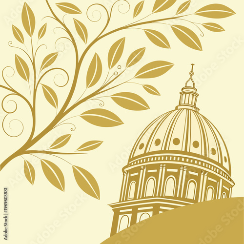 A gold illustration of the united states capitol building with a tree branch