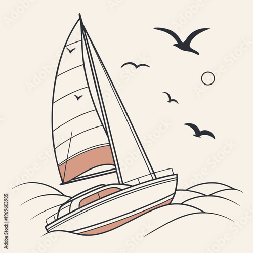 A sailboat on the water with birds flying overhead