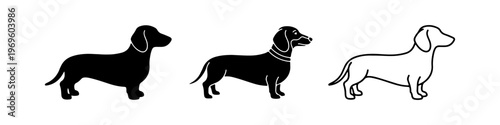 A set of minimalist dog icons featuring a dachshund silhouette in solid black, detailed black, and thin line art styles.