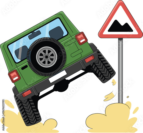 Off road vehicle climbing hill, SUV adventure illustration with warning sign vector cartoon isolated scene