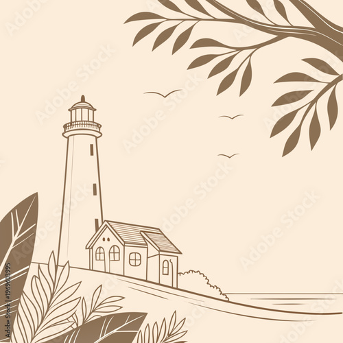 A brown lighthouse on a hill by the sea