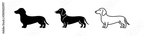 A set of minimalist dog icons featuring a dachshund silhouette in solid black, detailed black, and thin line art styles.