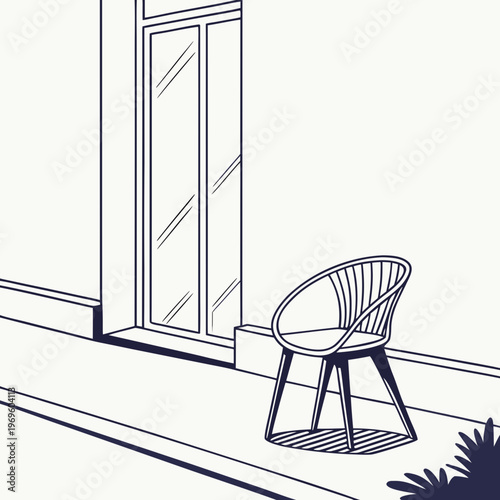 A blue chair sitting on a balcony next to a window