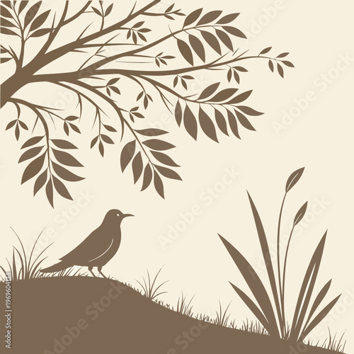 A bird perched on a grassy hill under a leafy tree
