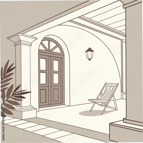 A brown door with a chair on a porch