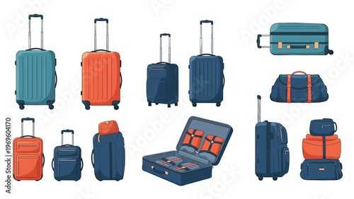 Set of diverse travel suitcases and luggage bags in various sizes and colors like blue and orange for vacation and trip planning themes.