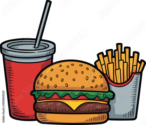 Fast food combo illustration, burger fries and soda drink vector colorful cartoon isolated meal icon