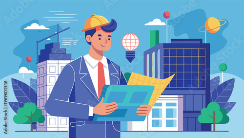 Construction manager reviews plans for a new building project in a busy urban area during a clear day