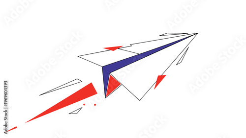Dynamic paper airplane illustration featuring blue and red geometric shapes and motion lines suggesting speed and flight on white background.