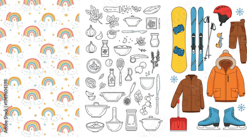 Flat vector collection featuring birthday celebration elements like cake, gifts, and party hats, alongside colorful toy cars and butterfly line icons.