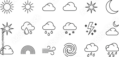 Weather and climate outline icon set featuring sun cloud rain wind lightning rainbow and storm symbols