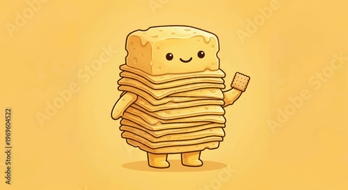 Happy smiling cheese block mascot holding a snack