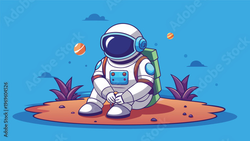 Astronaut rests on an alien landscape while tennis balls float around in a simple cartoon style