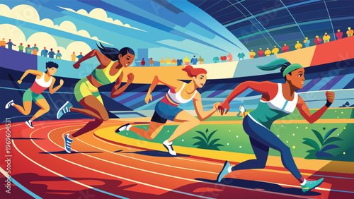 Women sprinting on track during a sports event in a stadium with a crowd watching in the background