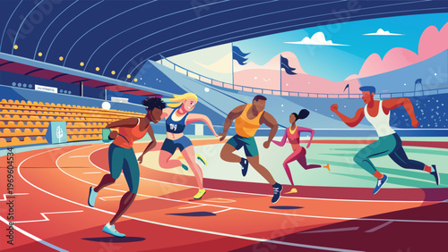 Runners compete in a track race at a stadium during daylight with bright colors and cheering crowds