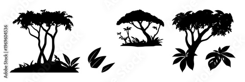Rainforest canopy protection set with solid black icon on white background featuring eco, sustainability, nature with graphics and illustration