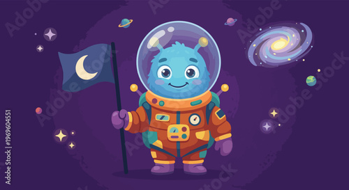 Cute blue alien monster in an orange astronaut suit holding a moon flag in space